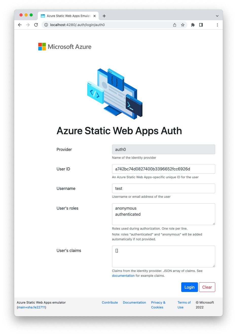 Emulated Auth0 login page for Azure SWA