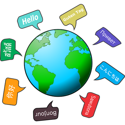 Cartoon globe with "Hello" in many languages