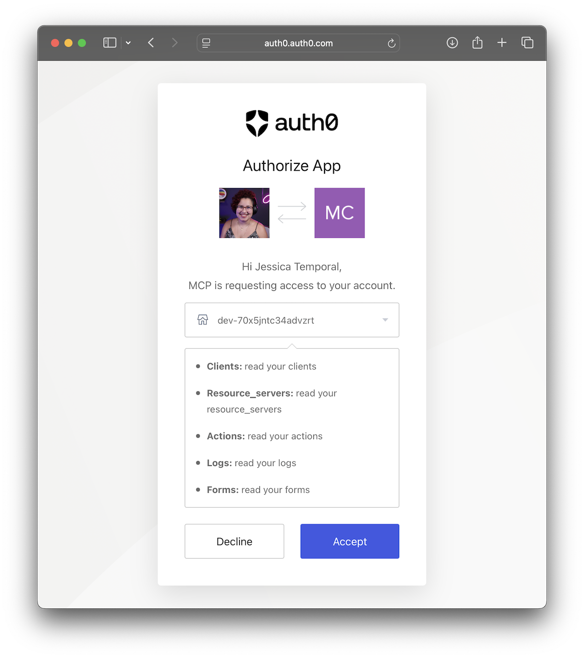 Tenant selection screen for Auth0 MCP server