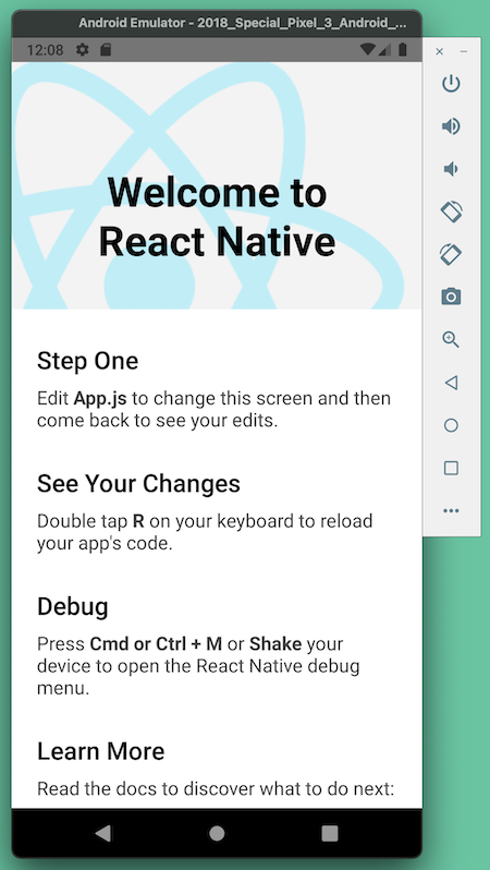 The “Welcome to React Native” screen, as seen on an Android emulator.