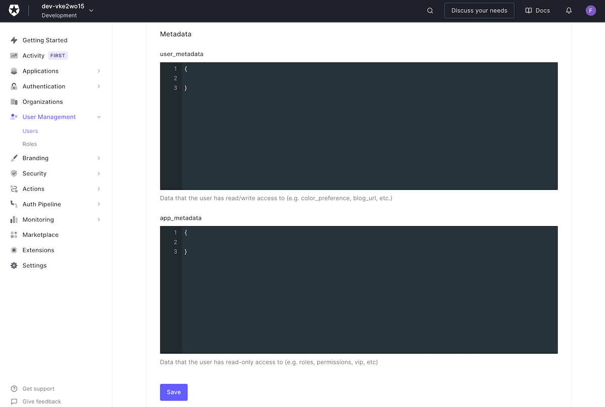 The “Metadata” section of the user page with two large blank text areas labeled “user_metadata” and “app_metadata”.