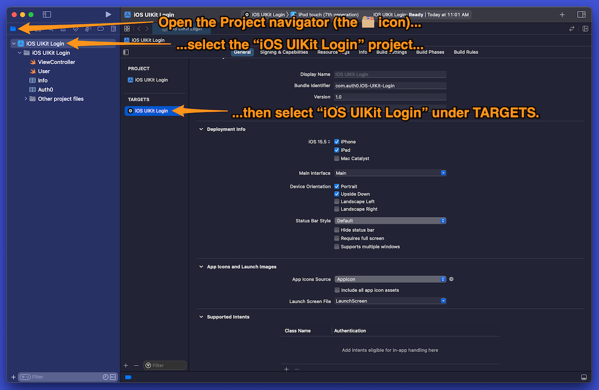 Xcode screenshot showing the selection of the project target.