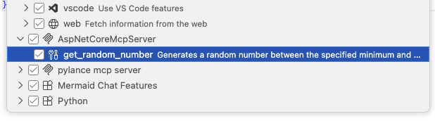 List only Random Numbers tool for the MCP server on VSCode