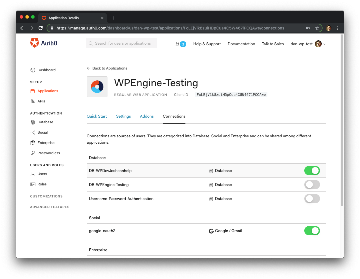 Auth0 applications Connection settings