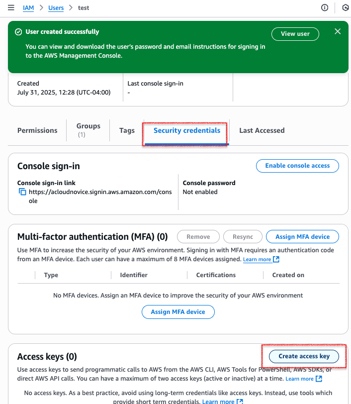 Create Access Key for a user