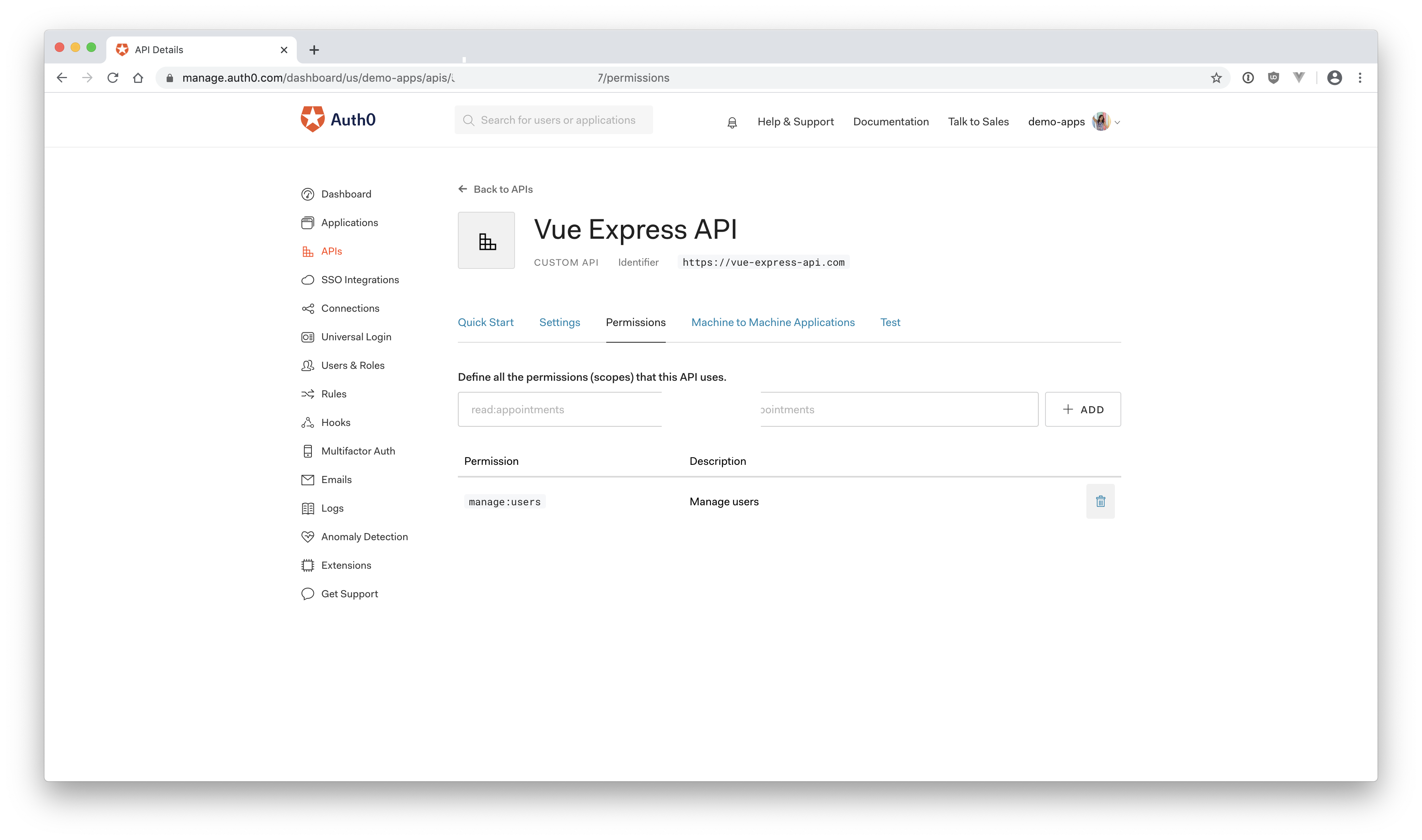 Auth0 Express API permissions