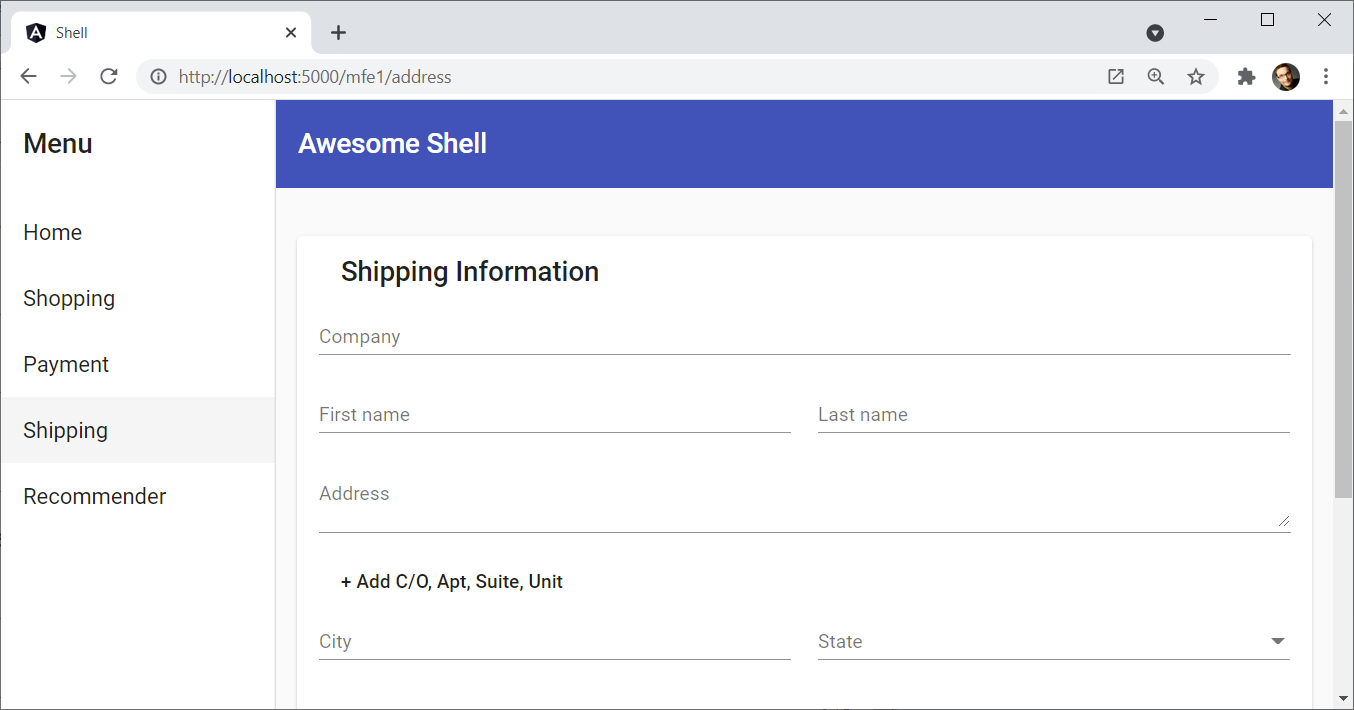 Example of a shell loading the shipping micro frontend