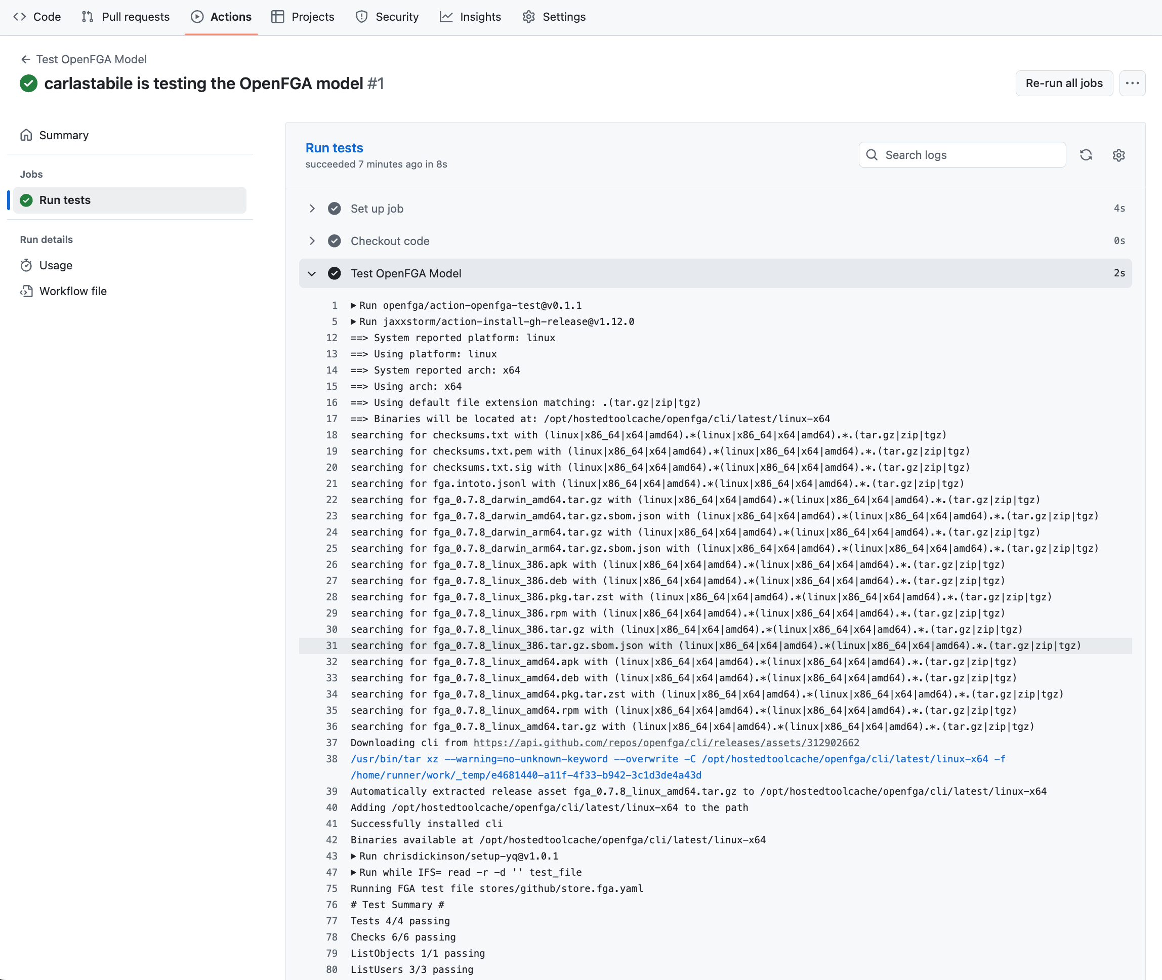 GitHub Actions screen running OpenFGA Test Action