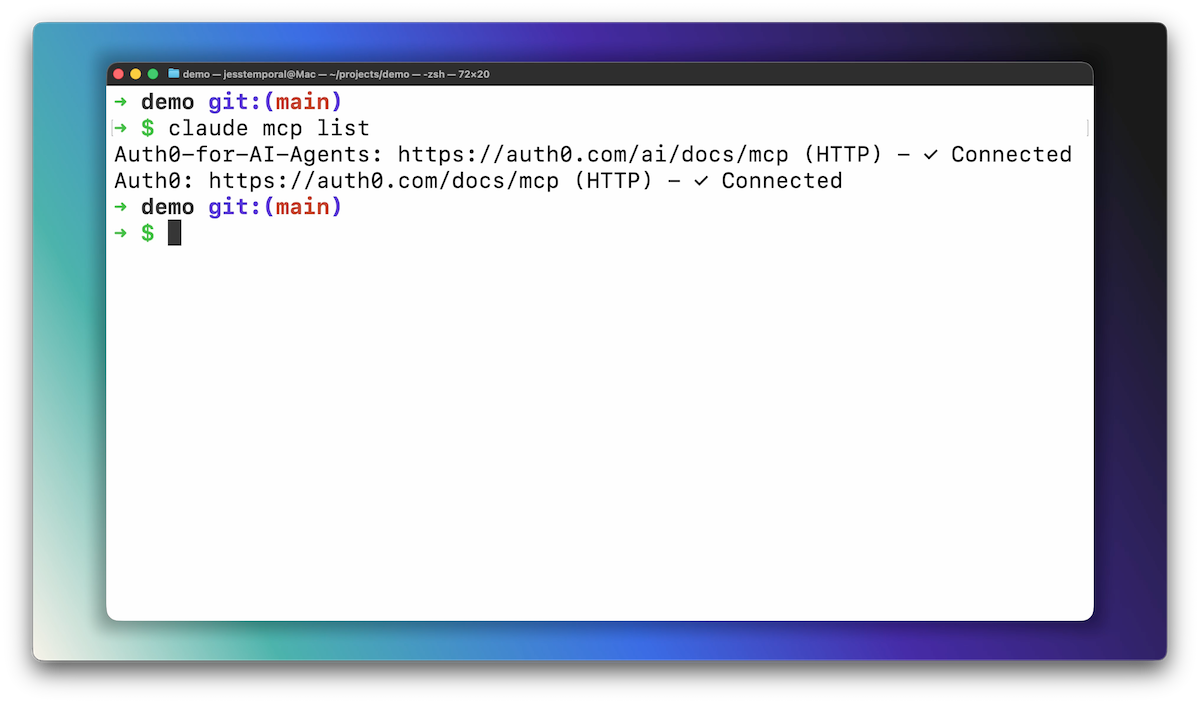 Claude Code mcp list output featuring Auth0-for-AI-Agents-docs and Auth0-docs in the output