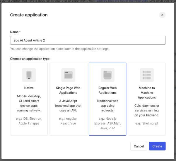 Creating a "Regular Web Application" in Auth0 for the Zoo AI agent project