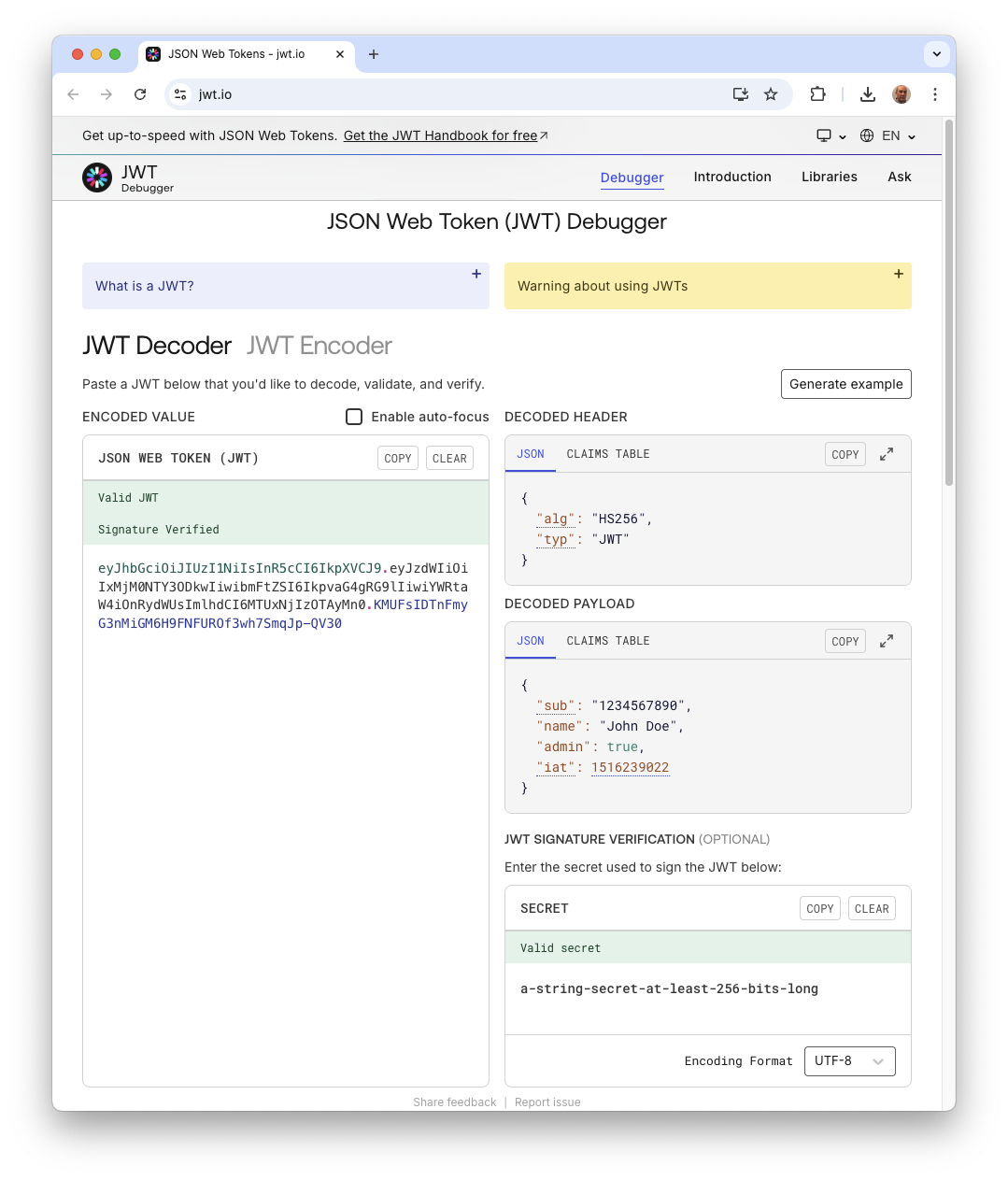 The jwt.io debugger showing the decoded header and payload of a sample JSON Web Token, demonstrating that the payload data is visible by default.