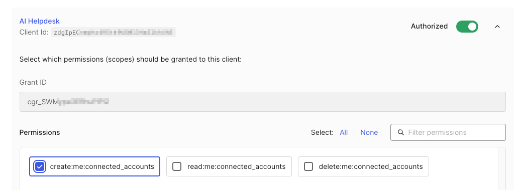 Set permissions for the My Account API in the Auth0 dashboard