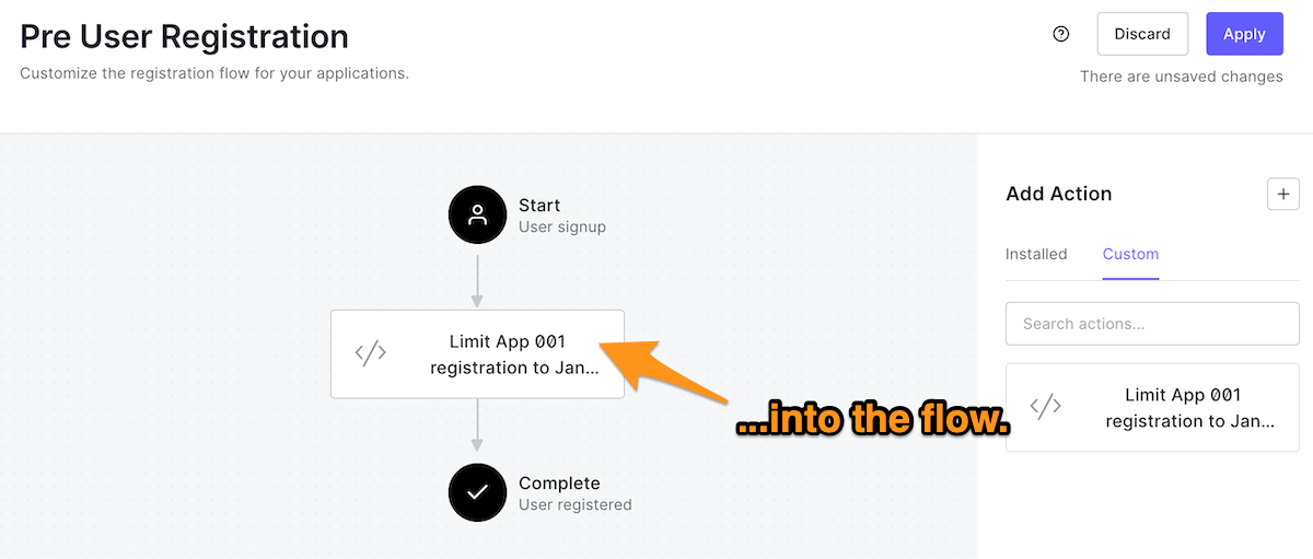 The “Pre User Registration” flow, with an instruction to drag the newly-created action into the flow.