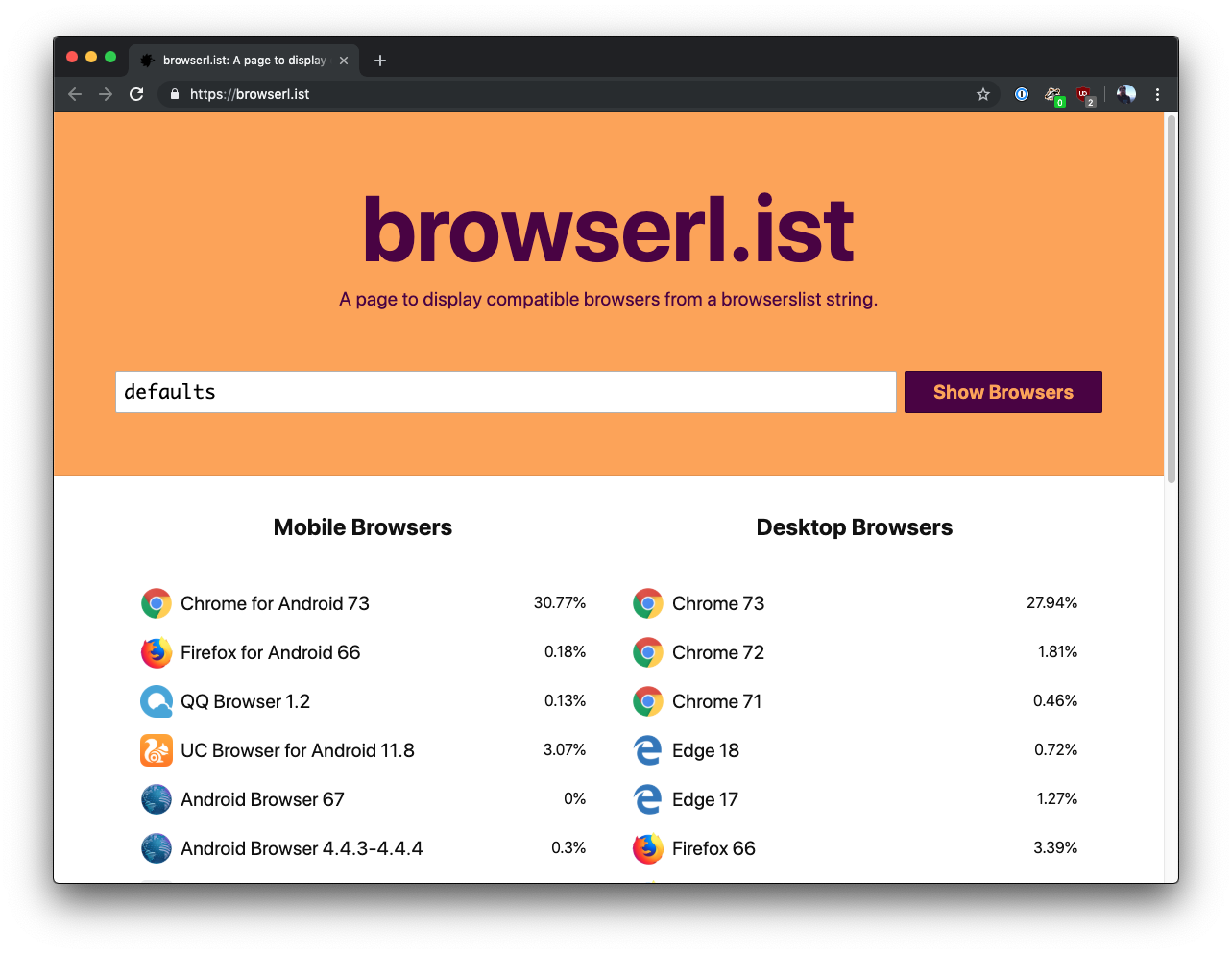 Testing browserslist defaults queries in the browser