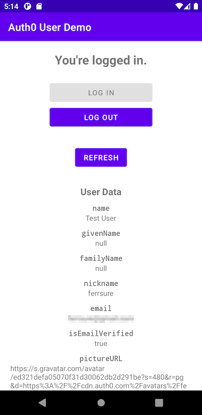 The top portion of the app’s main screen, featuring the “Log in”/“Log out” buttons and user data