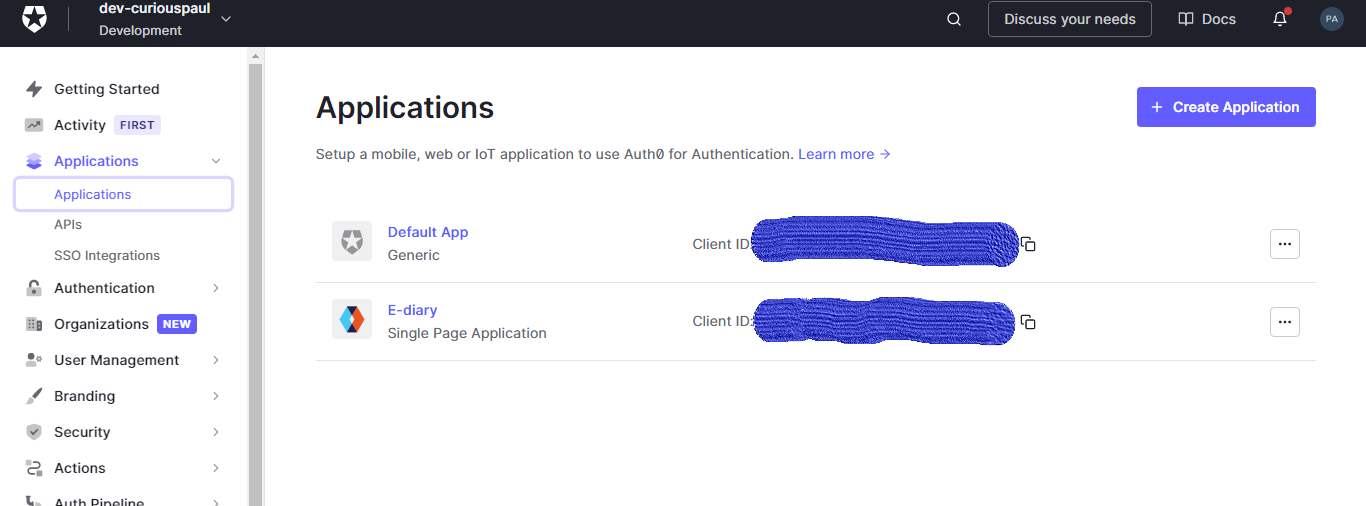 Create application from Auth0 dashboard