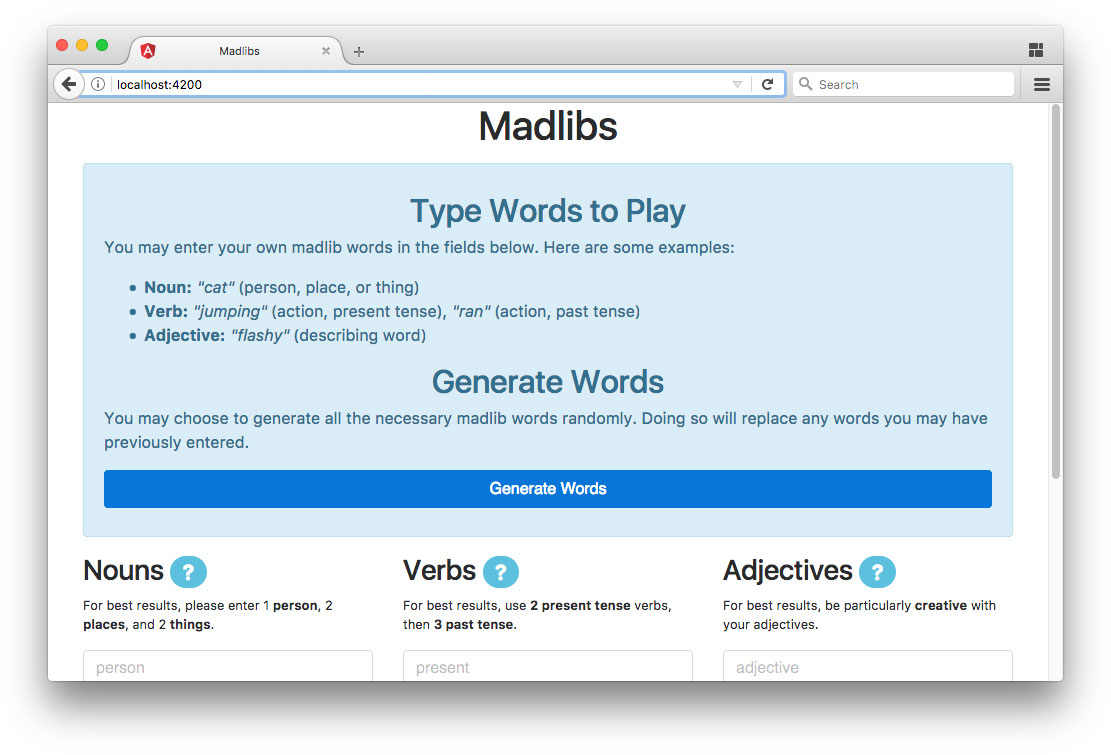 Madlibs RxJS Angular app with Generate Words component - no speech recognition