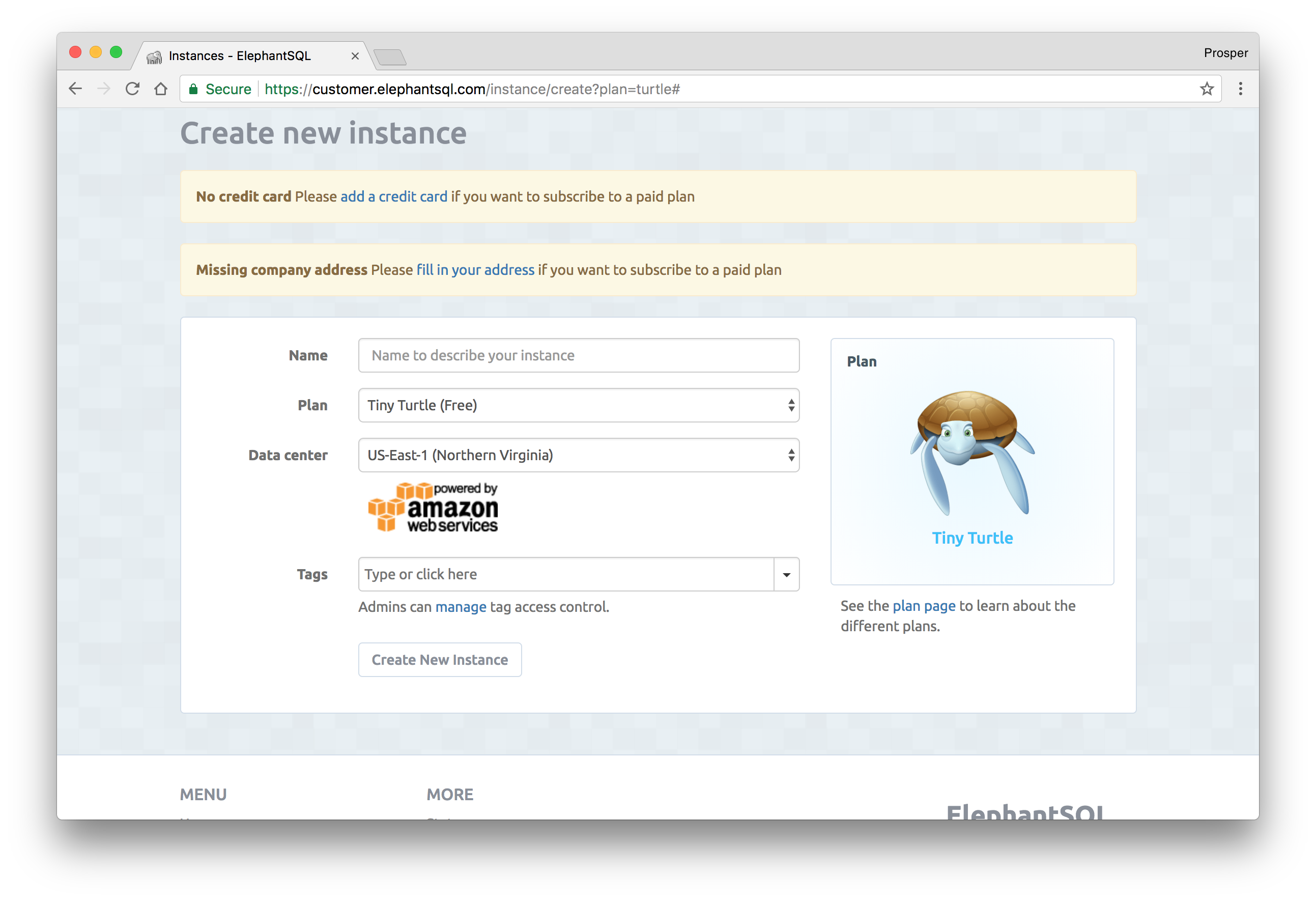 Create Elephant SQL instance