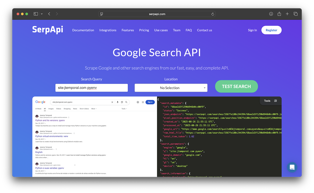 Screenshot of the SerpApi website showing a site-specific Google search for 'site:jtemporal.com pyenv' and the corresponding JSON API response on the right