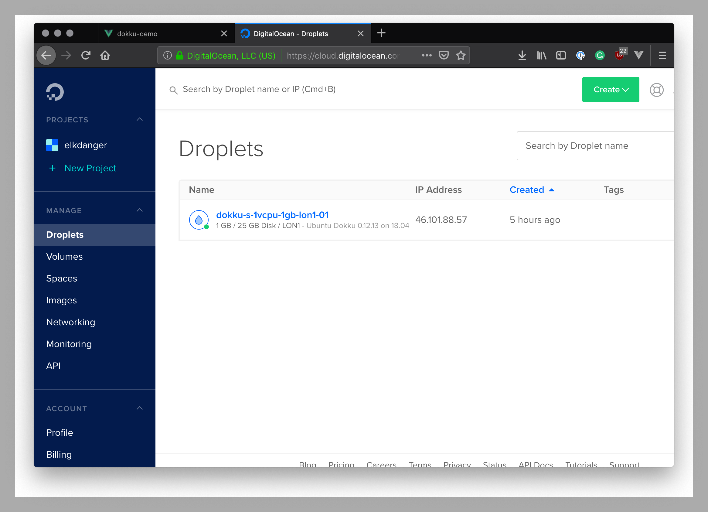 DigitalOcean Droplets panel