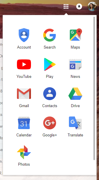 Google G Suite apps panel