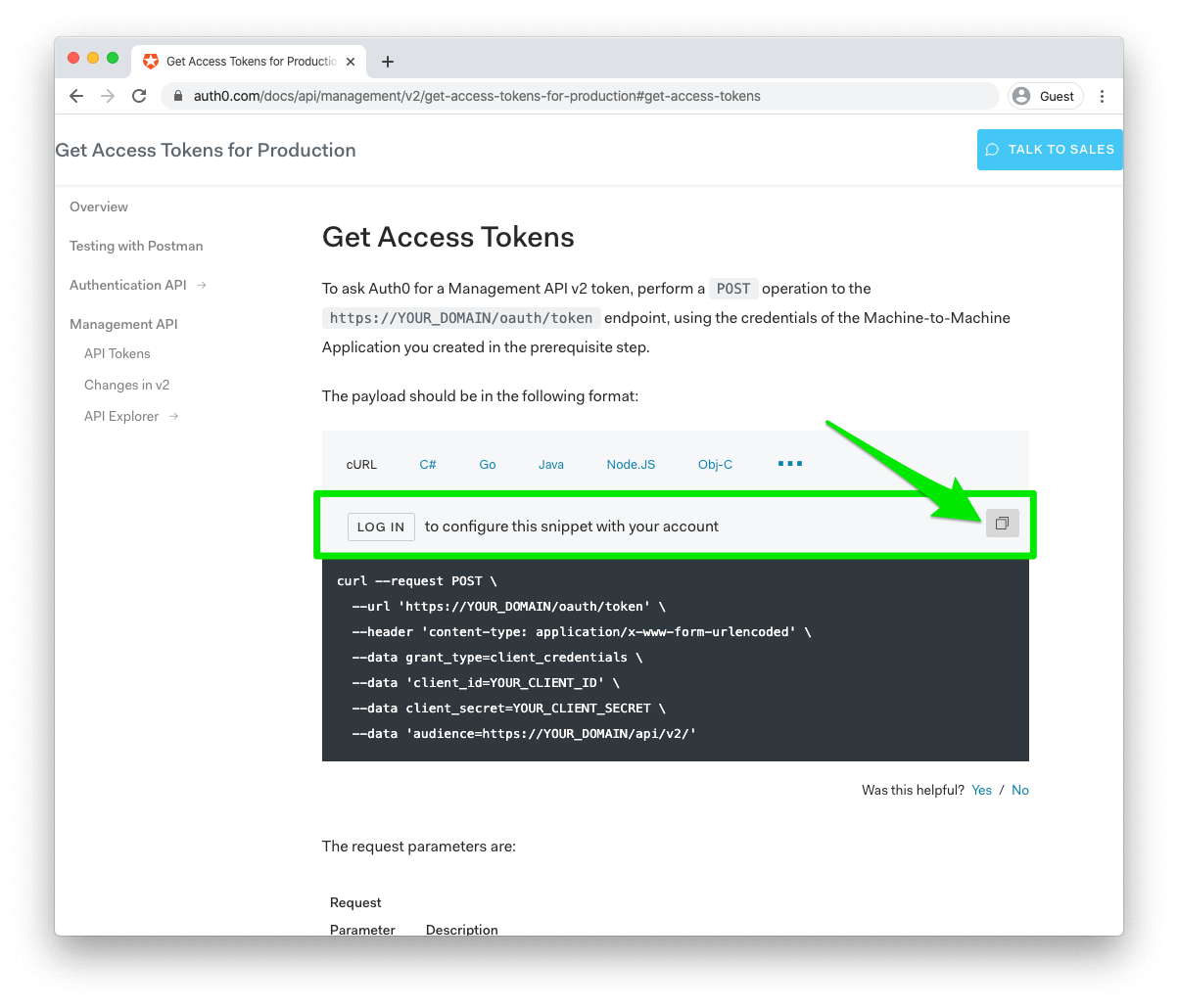 access token cURL command from Auth0 docs