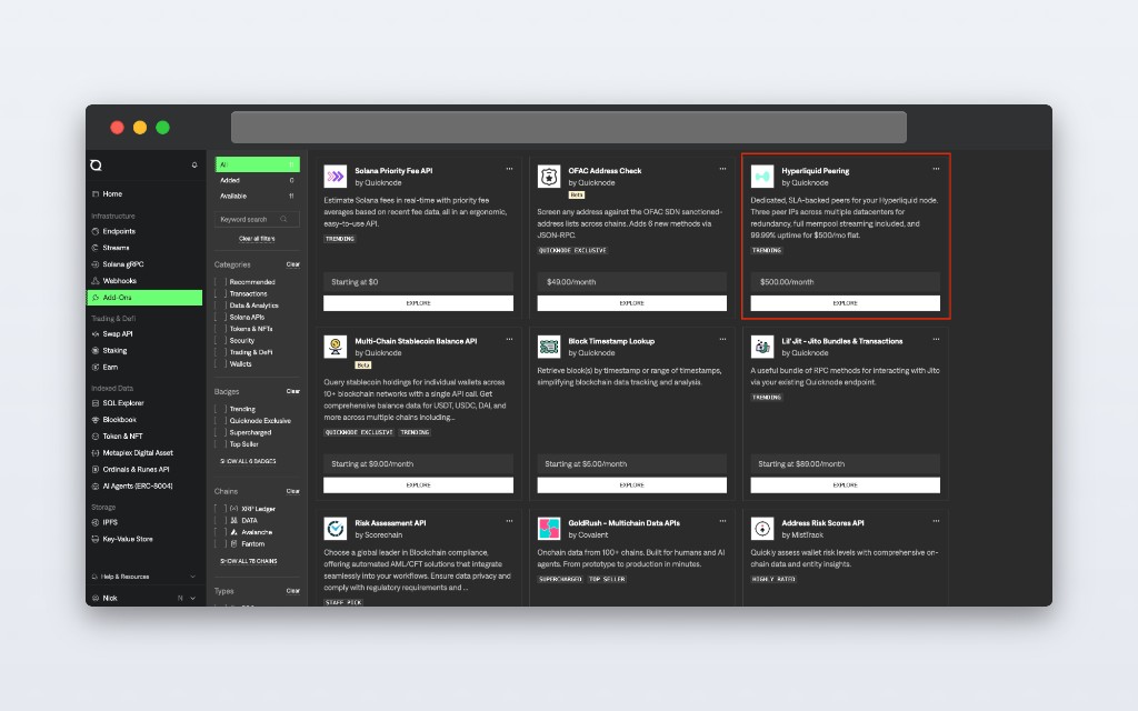 Hyperliquid Peering add-on in the Quicknode dashboard Add-ons page