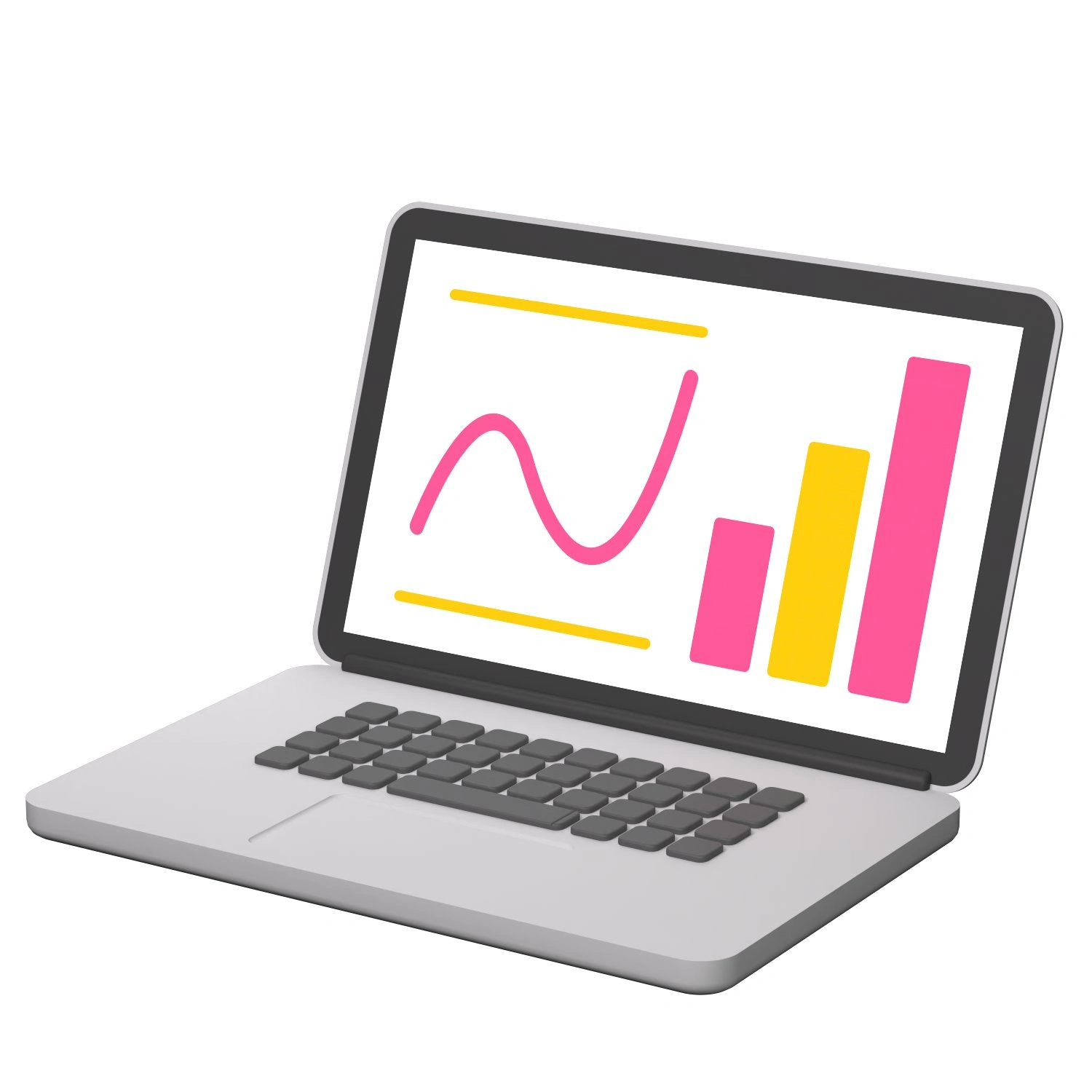 Ein Laptop-Bildschirm mit einem pinken Liniendiagramm und einem Balkendiagramm in Pink und Gelb