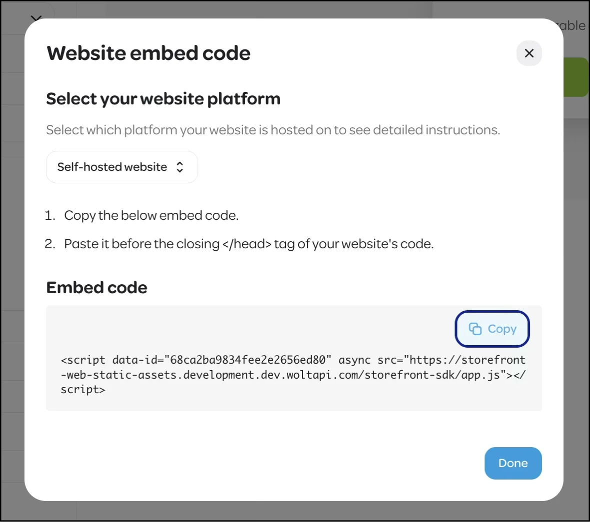 Storefront website embed code modal