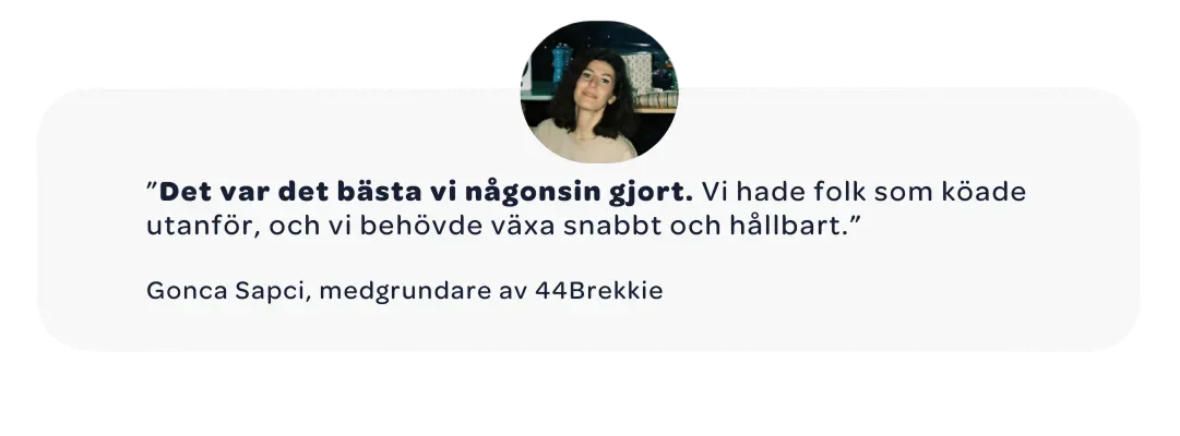 Citat från Gonca Sapci, medgrundare av 44Brekkie, som berättar om hur Wolt hjälpte företaget att växa snabbt och hållbart.