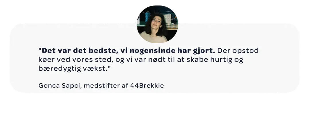 Citat fra Gonca Sapci, medstifter af 44Brekkie, der fortæller, hvordan Wolt hjalp virksomheden med at vokse hurtigt og bæredygtigt.