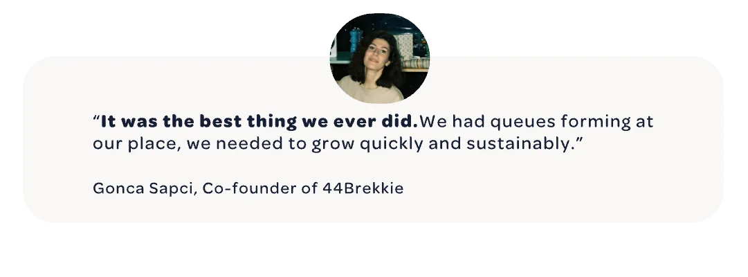 Quote from Gonca Sapci, Co-founder of 44Brekkie, sharing how Wolt helped the business grow quickly and sustainably.