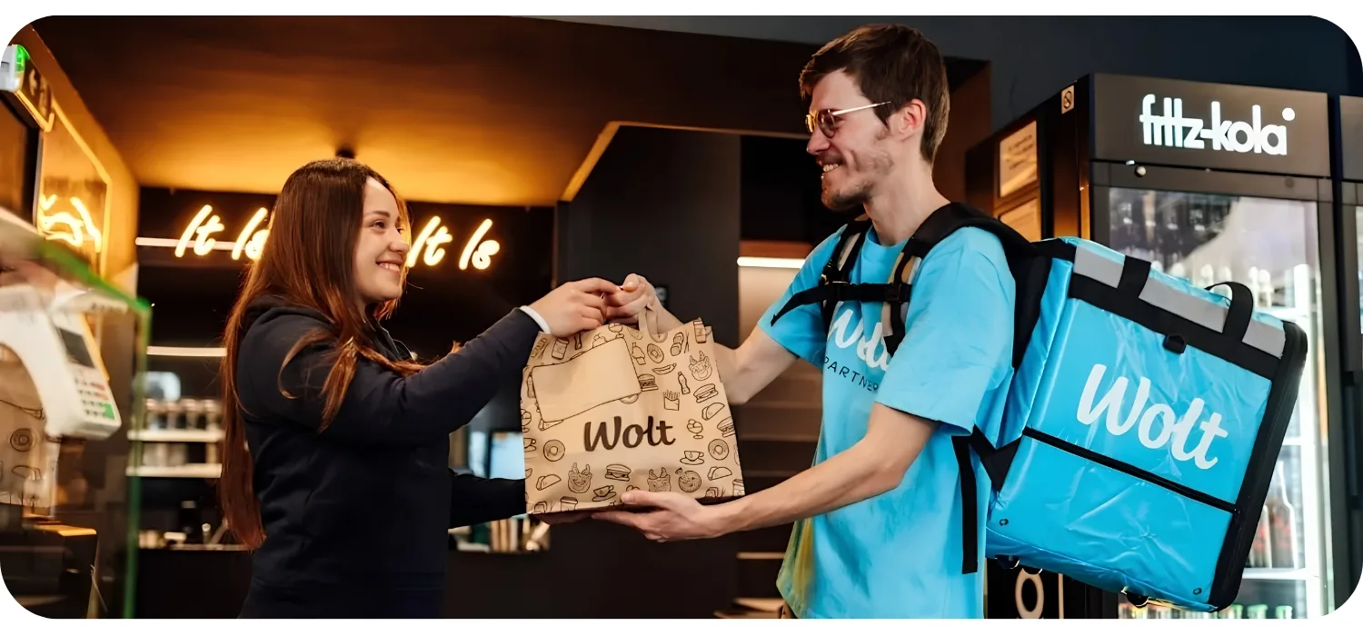 Eine Geschäftsmitarbeiterin übergibt eine verpackte Wolt-Bestellung an einen Kurier mit blauem Wolt-Lieferrucksack an der Theke