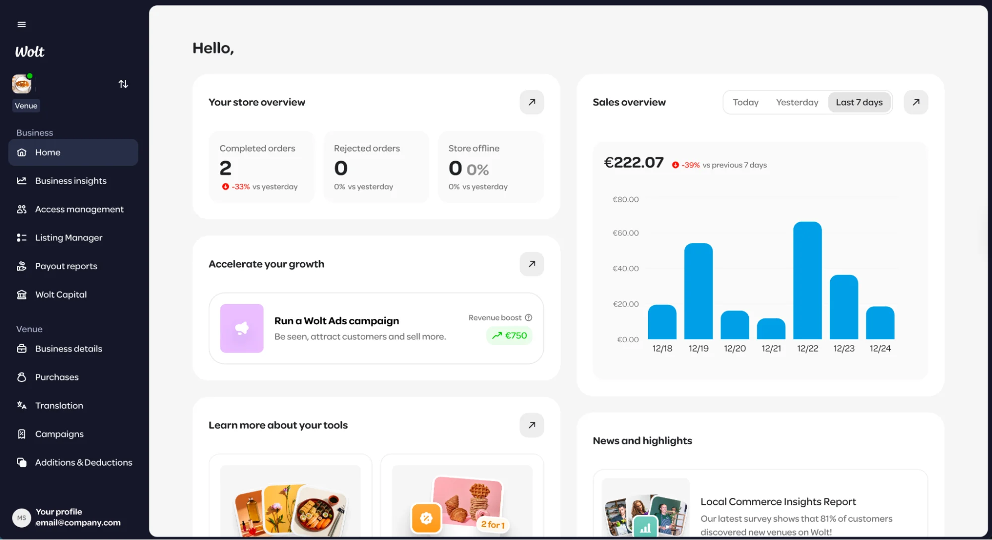 Wolt Sahibkarlar Portalının istifadəçi üçün idarəetmə paneli görünüşü
