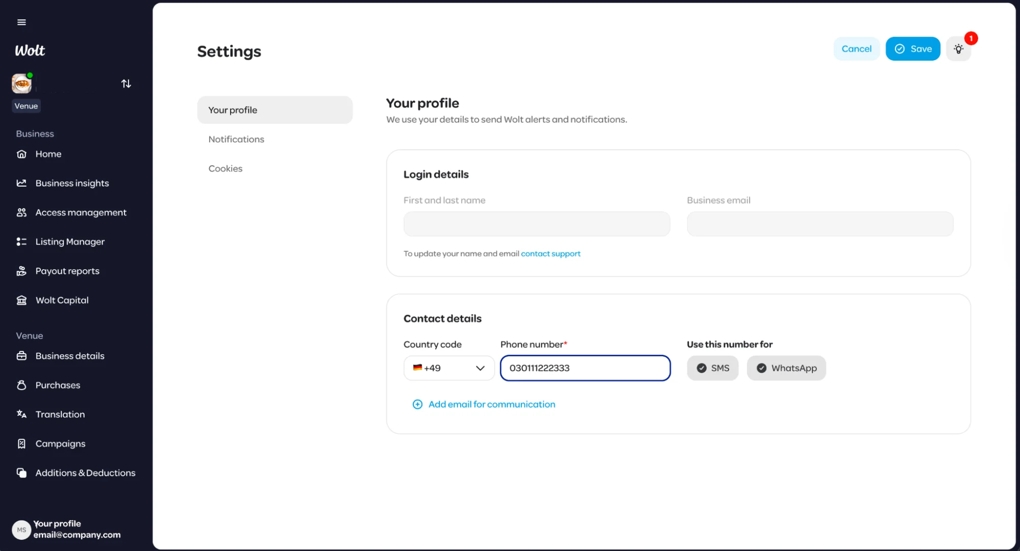 Wolt Sahibkarlar Portalında yenilənmiş tərcihləri saxlamağa hazır istifadəçi profil parametrləri ekranı