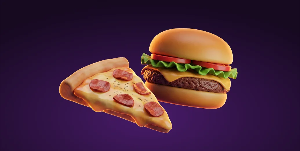 Slice of pepperoni pizza and a cheeseburger with lettuce and tomato on a dark purple background, representing Halloween party food delivered with Wolt.