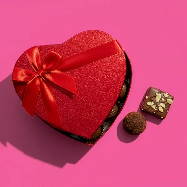 Heart-shaped red chocolate box with ribbon, shown open beside assorted chocolates on a pink background.