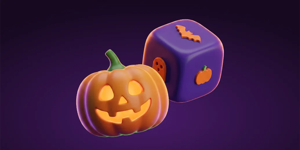 Glowing carved jack-o'-lantern pumpkin next to a purple dice cube with bat, ghost and pumpkin icons on a dark purple background, representing Halloween party essentials delivered with Wolt.
