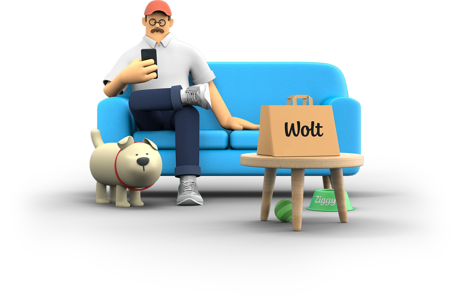 3D man on sofa with Wolt paper bag