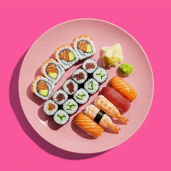 Assorted sushi rolls and nigiri arranged on a pink plate against a pink background.