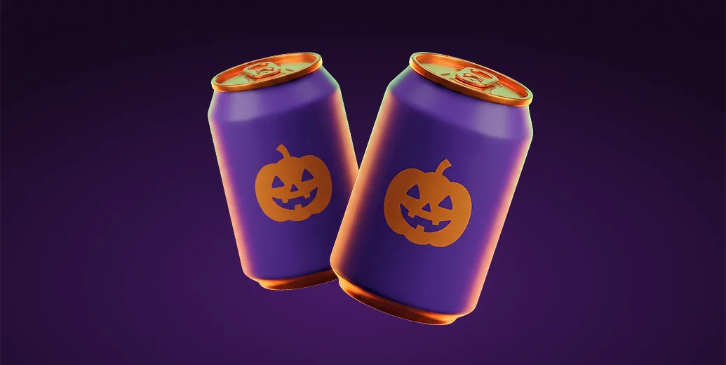 Two purple drink cans with orange jack-o'-lantern designs on a dark purple background, representing Halloween drinks delivered with Wolt.