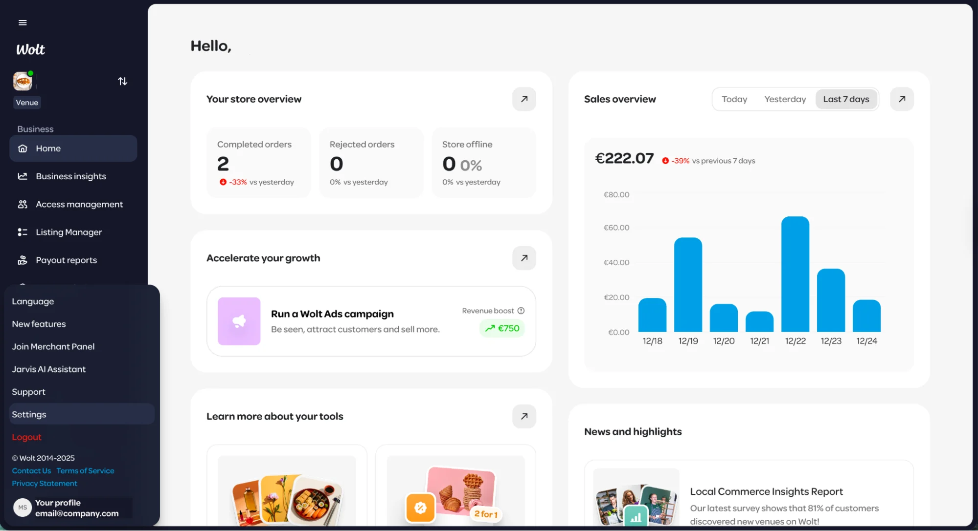 Parametrlər seçilmiş şəkildə Wolt Sahibkarlar Portalının idarəetmə paneli görünüşü