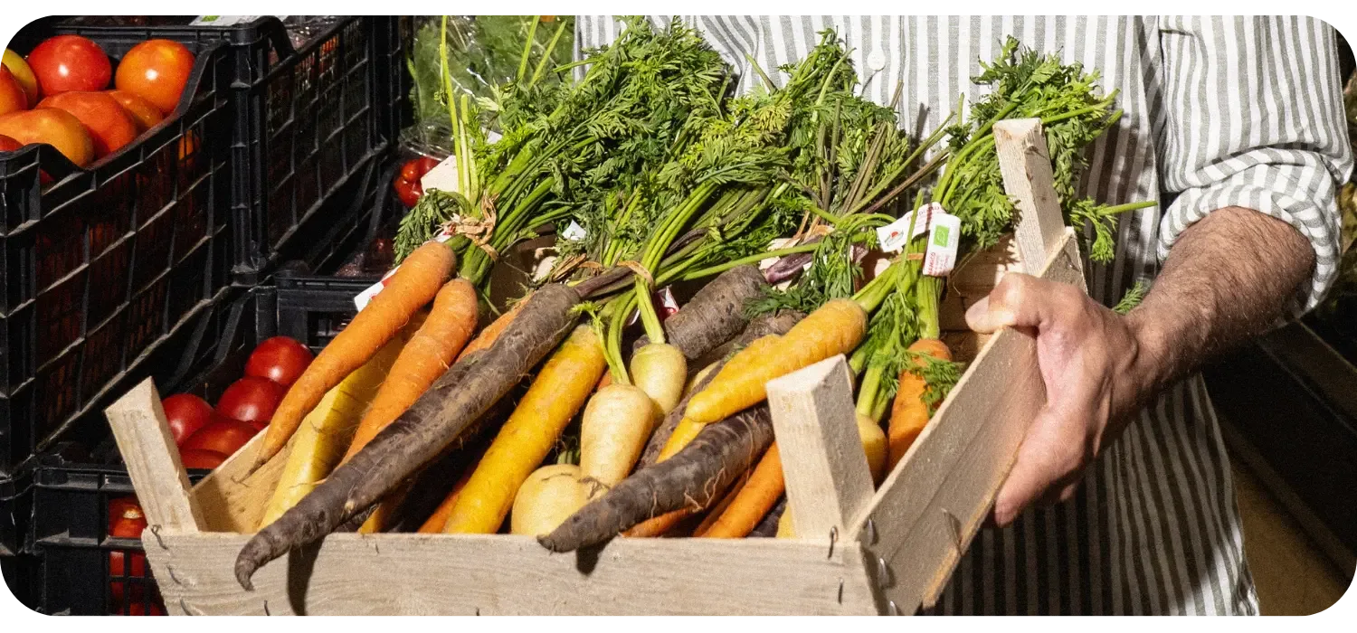 Close-up of a person holding a wooden crate filled with fresh organic carrots of different colours, surrounded by tomatoes and other produce inside the 4 Seasons Bio store.
