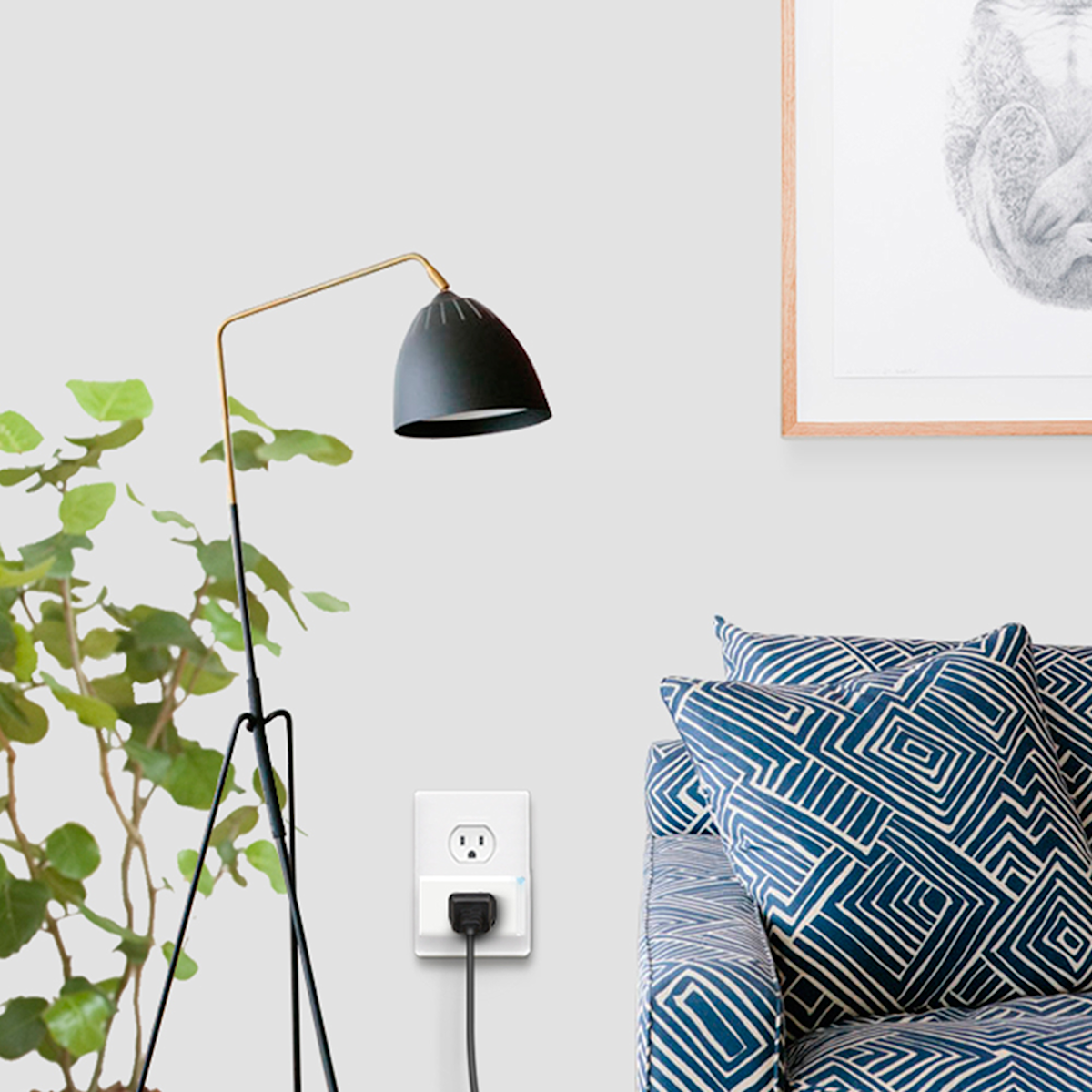 Photo de mode de vie avec une prise intelligente Mini de Kasa branchée dans un mur du salon.