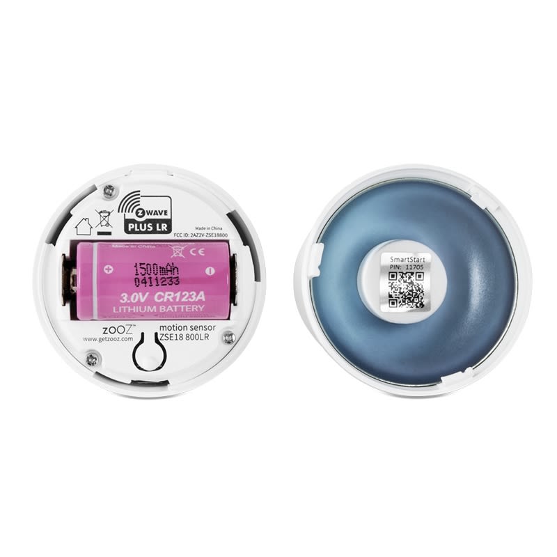 Back of Zooz motion sensor showing CR123A lithium battery