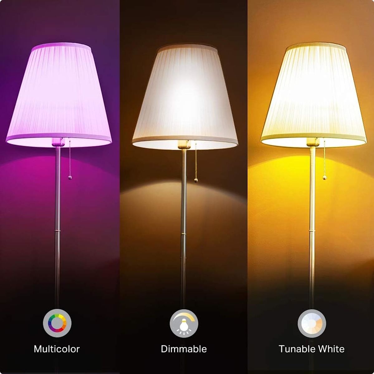 Three lamps containing Kasa Multicolour Smart Wi-Fi light bulbs