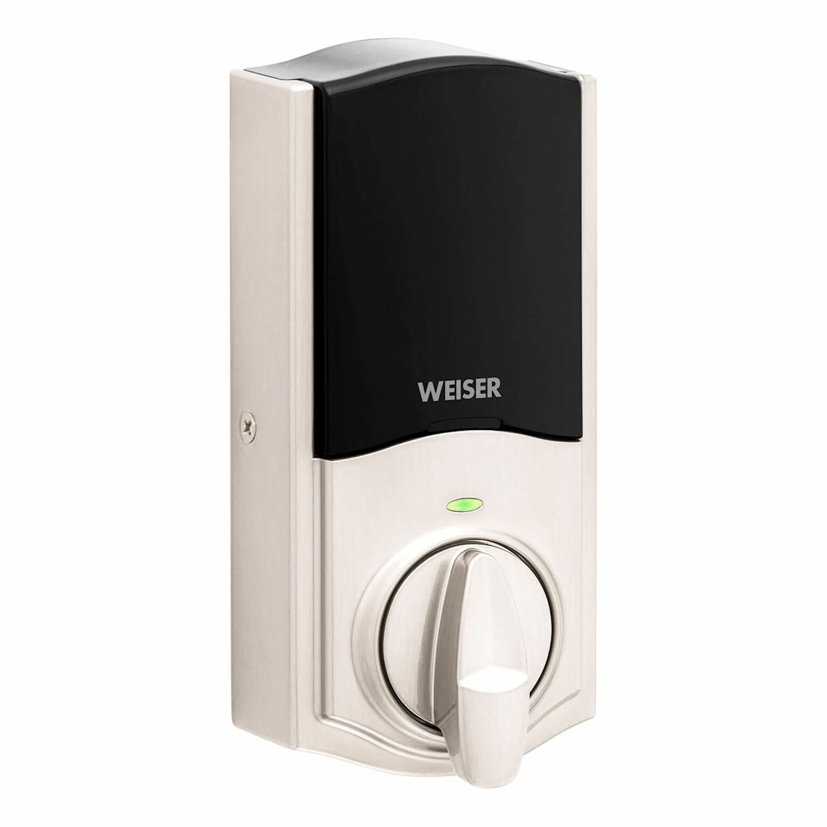 Vue arrière légèrement en angle des serrures intelligentes HomeConnect620 de Weiser en fini nickel satiné.