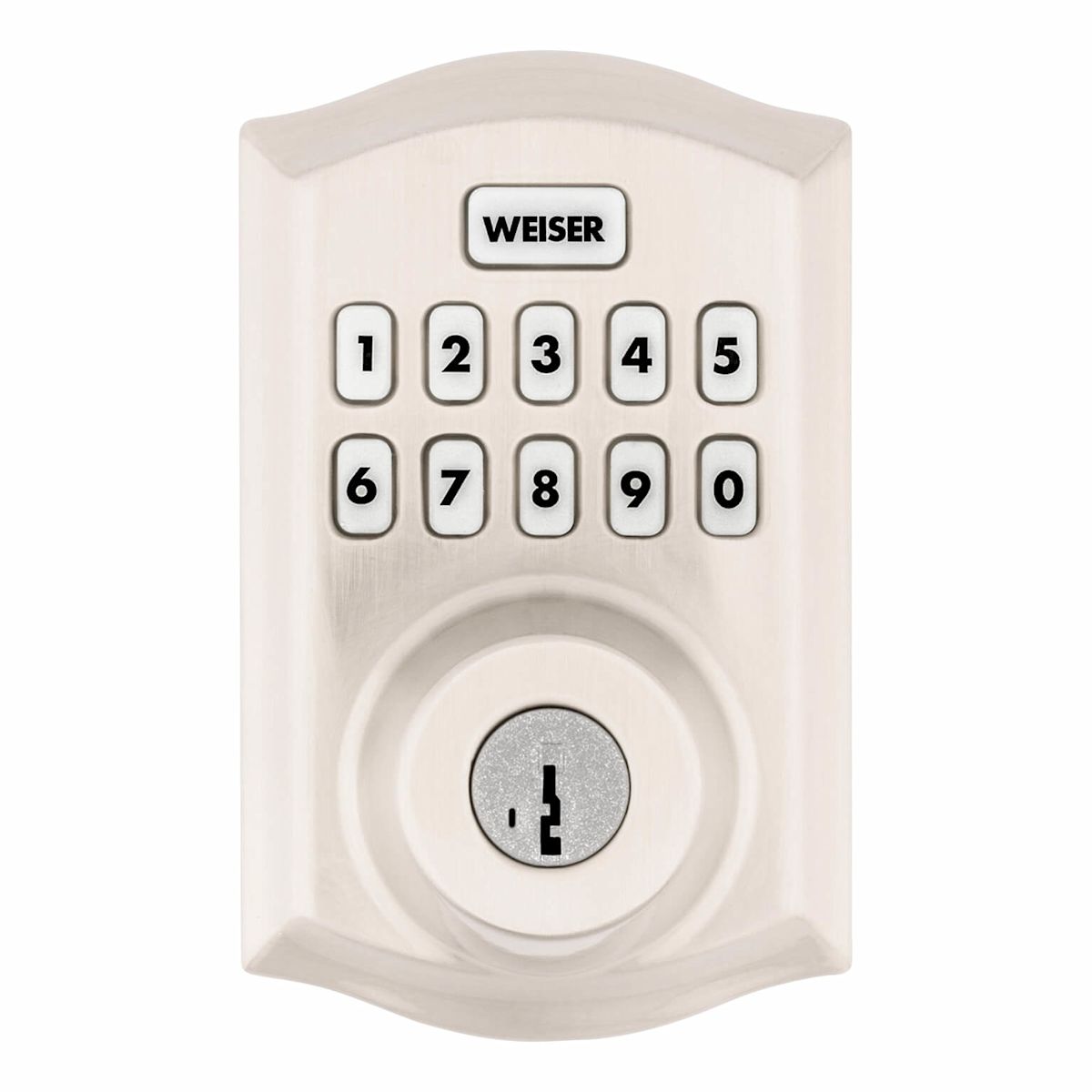 Serrures intelligentes Weiser HomeConnect620, vue de face, en nickel satiné.