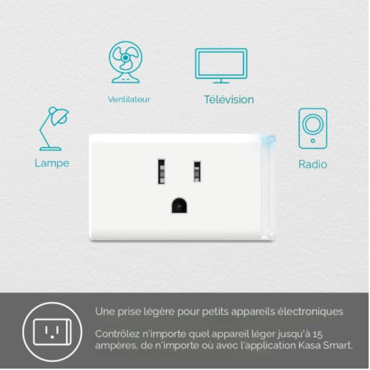 Vue avant de la prise intelligente Mini de Kasa, entourée d’icônes qui représentent les appareils avec lesquels elle fonctionne.