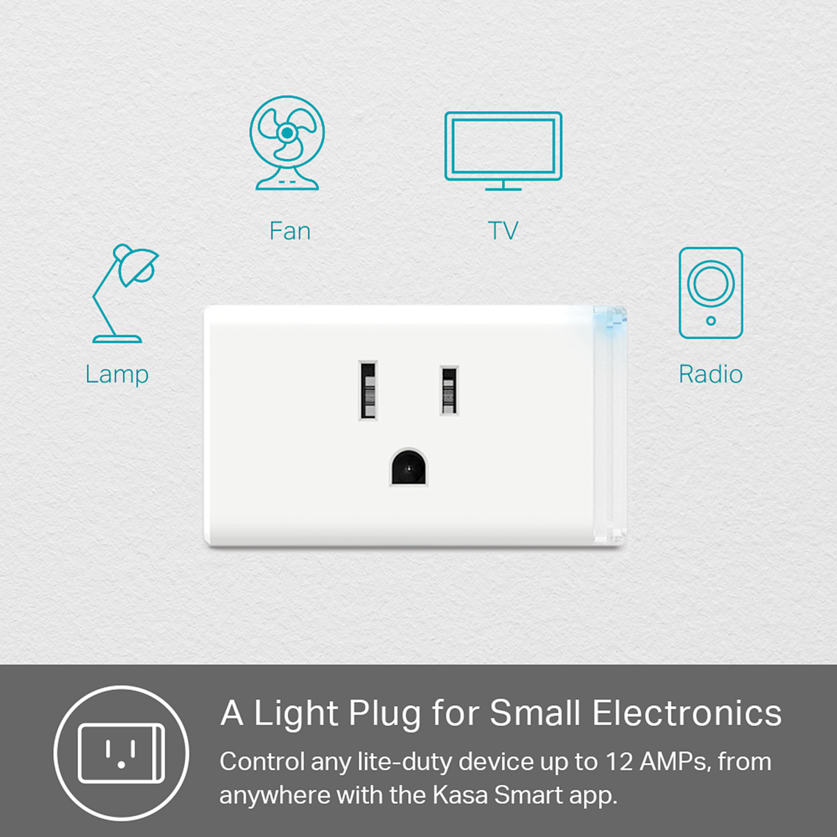Front view of the Kasa Smart Plug Mini surrounded by icons that depict devices it works with.